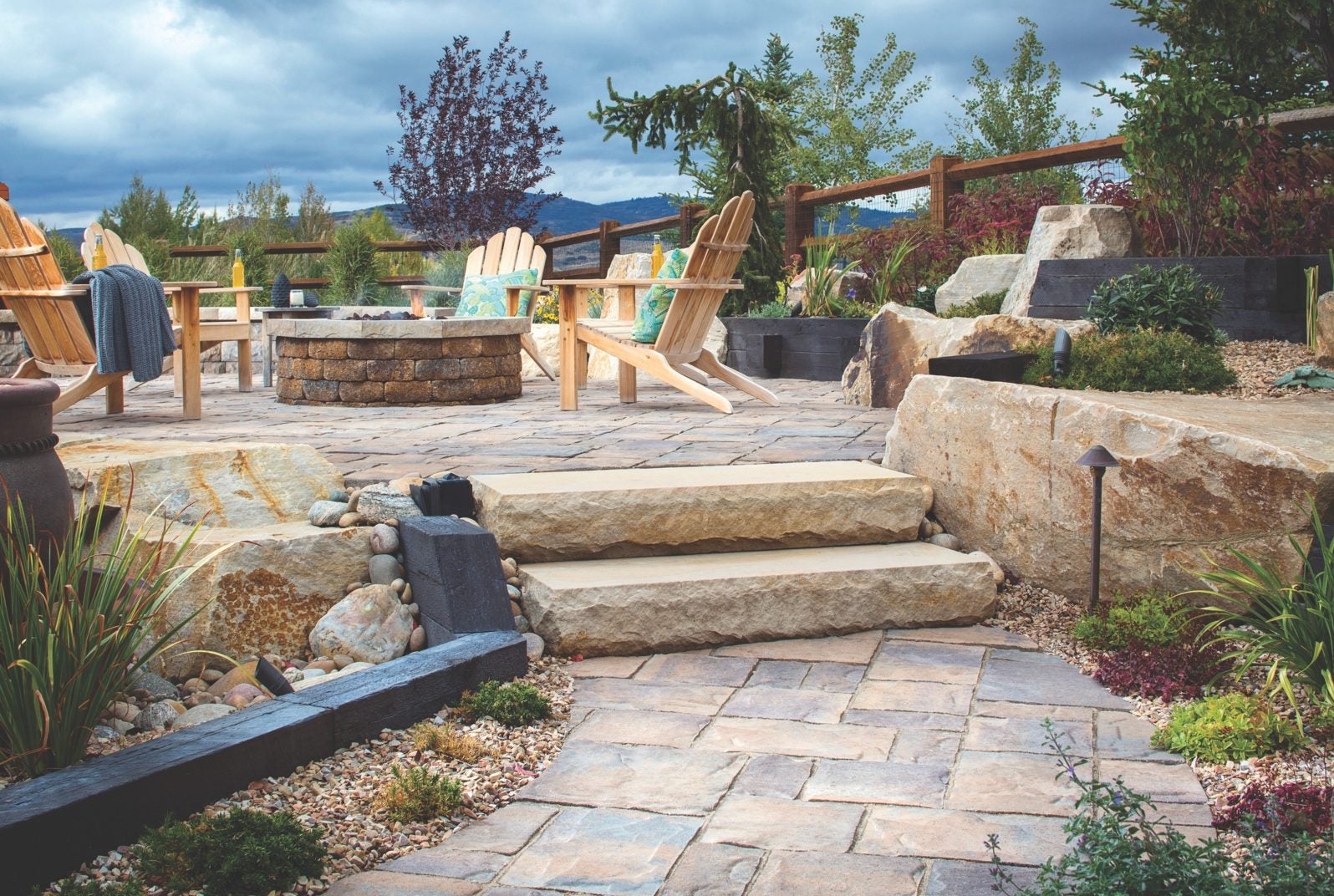 Terraced Patio Design with Fire Pit