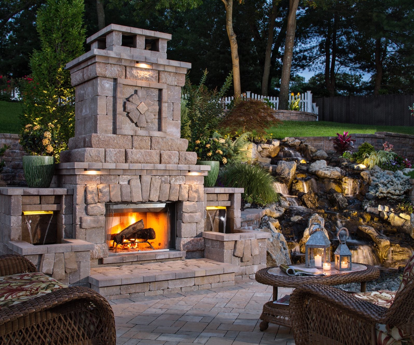 outdoor fireplace hardscapes and landscape lighting