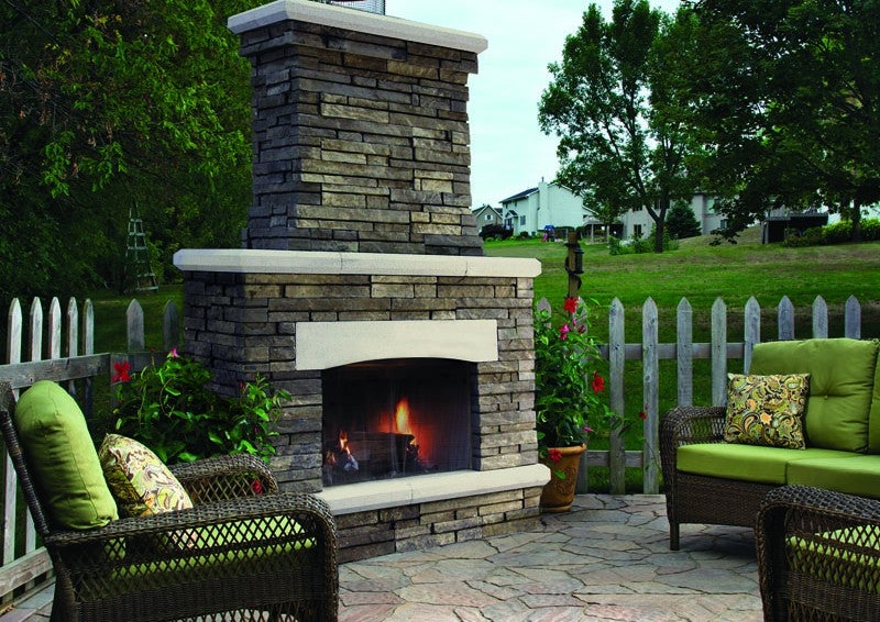 The Bordeaux Fireplace is the latest in the Belgard Elements series and features a stacked-stone appearance.
