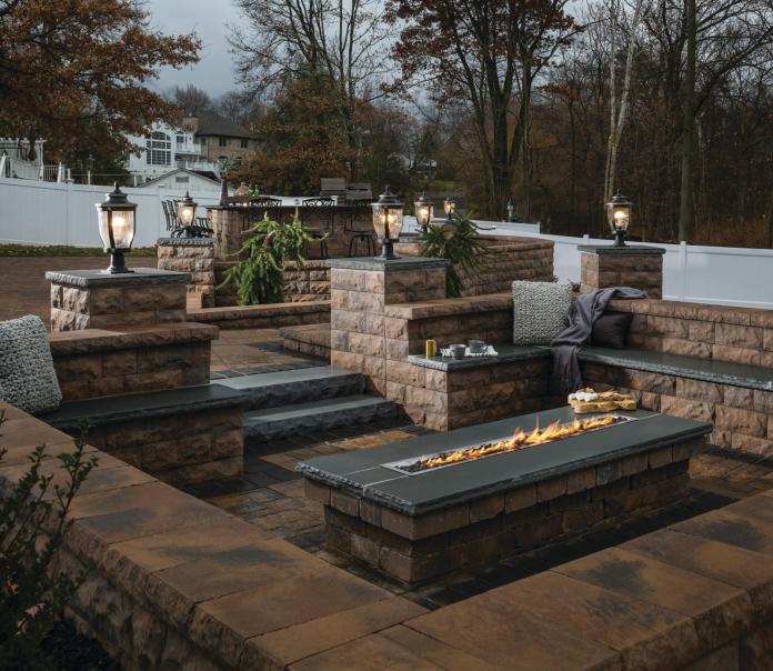 fire pit patio with built-in seating