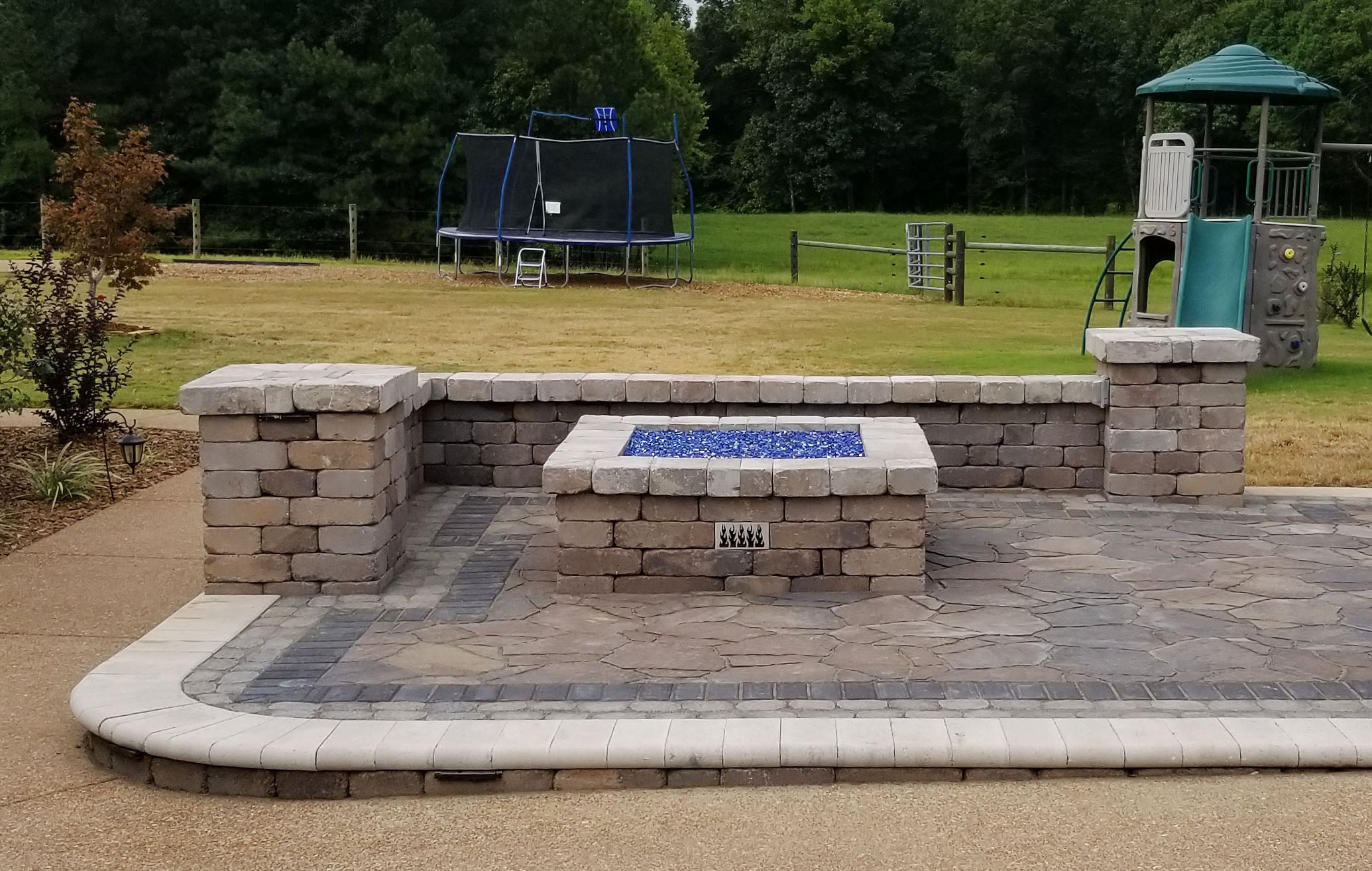 square fire pit and landscape wall