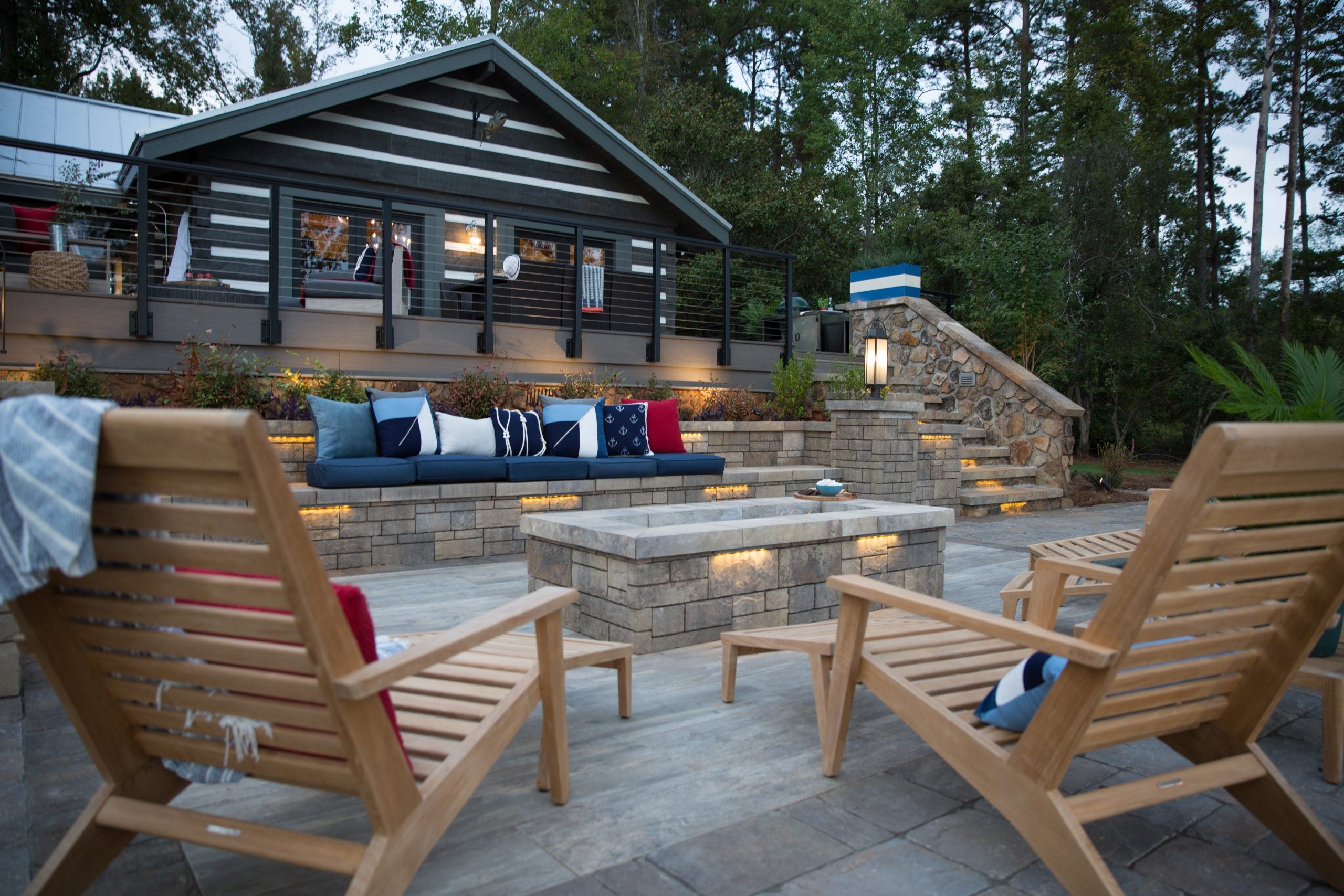 Fire pit patio and seat wall design ideas (Wade Works Creative)