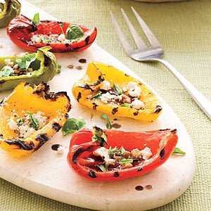 Grilled bell peppers, drizzled with olive oil and balsamic vinegar and topped with goat cheese and basil. (photo by Beth Dreiling)