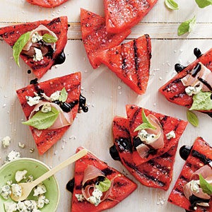 Grilled watermelon with blue cheese, basil and prosciutto. (photo: Jennifer Davick)
