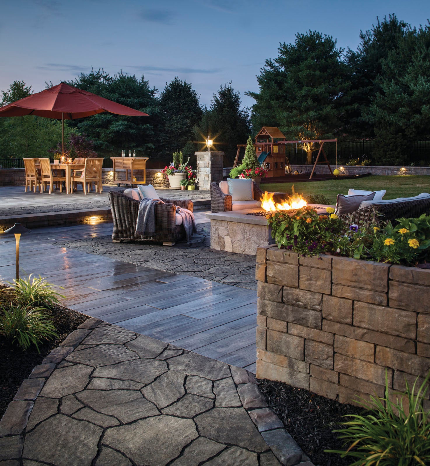 Family-friendly patio design with multiple entertaining zones
