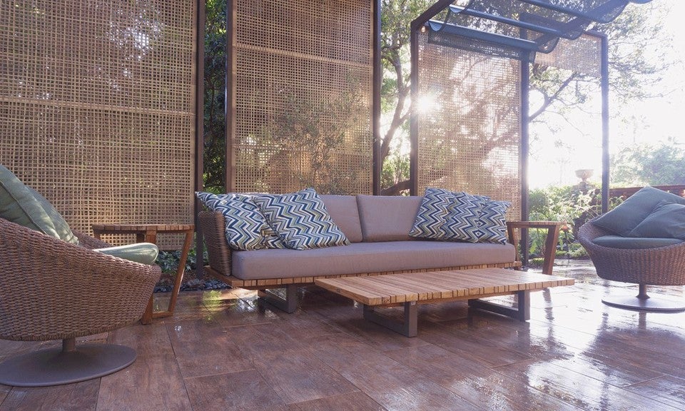 porcelain pavers, rattan and bamboo furniture