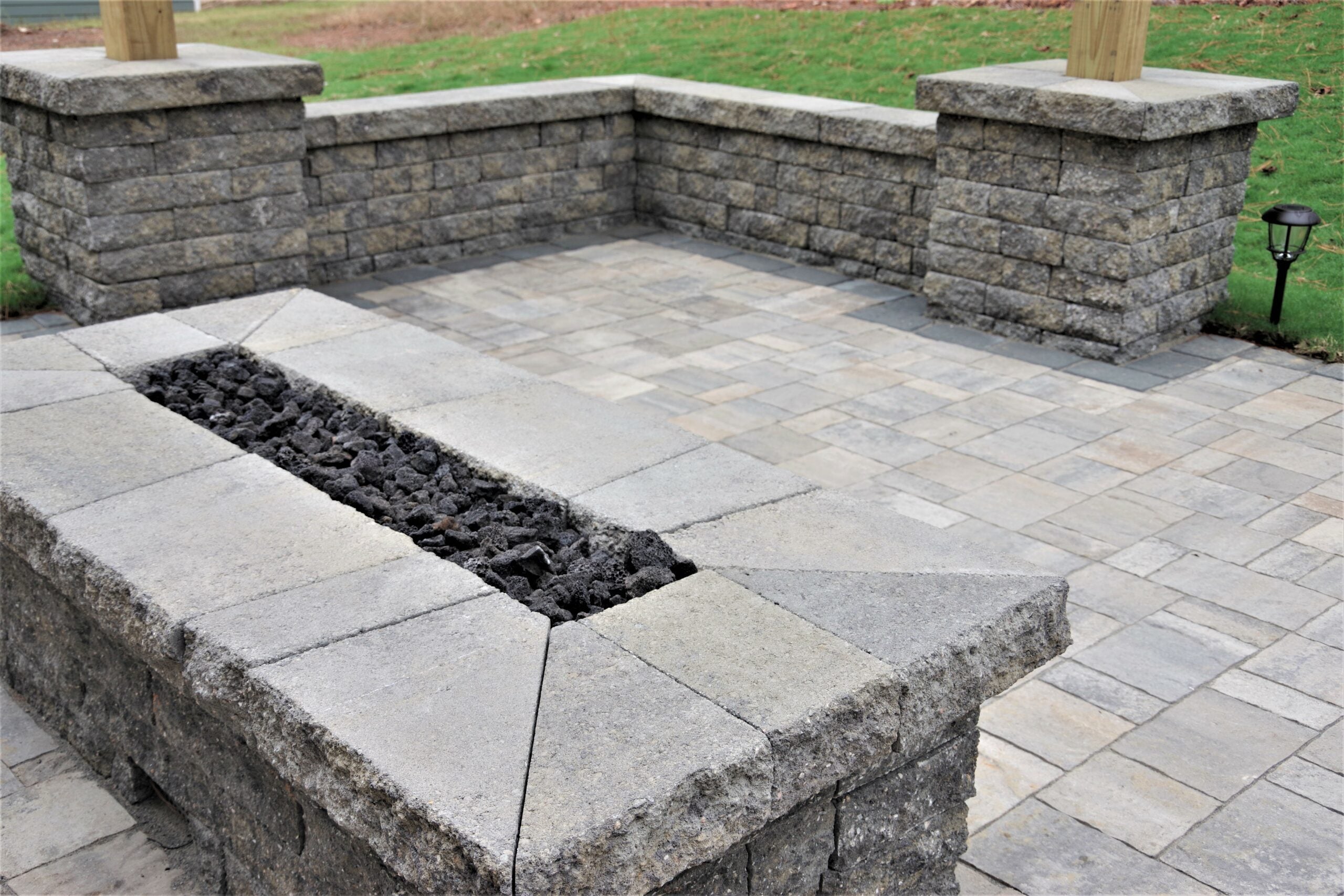 linear fire pit and landscape wall