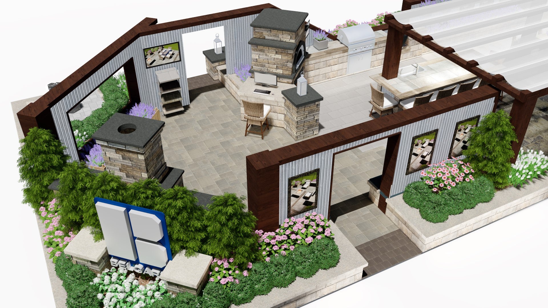 Sneak peek into the outdoor living room and kitchen that will be constructed in Belgard's expansive display.