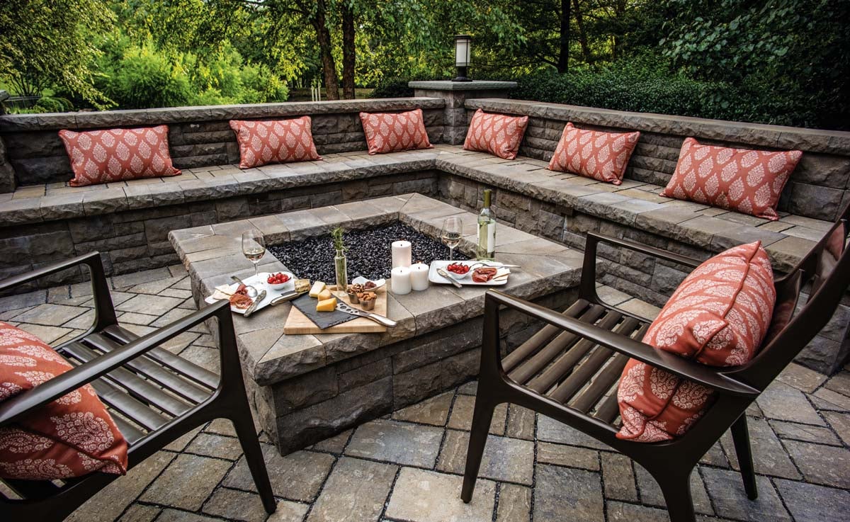 raised fire pit with built-in seat walls 
