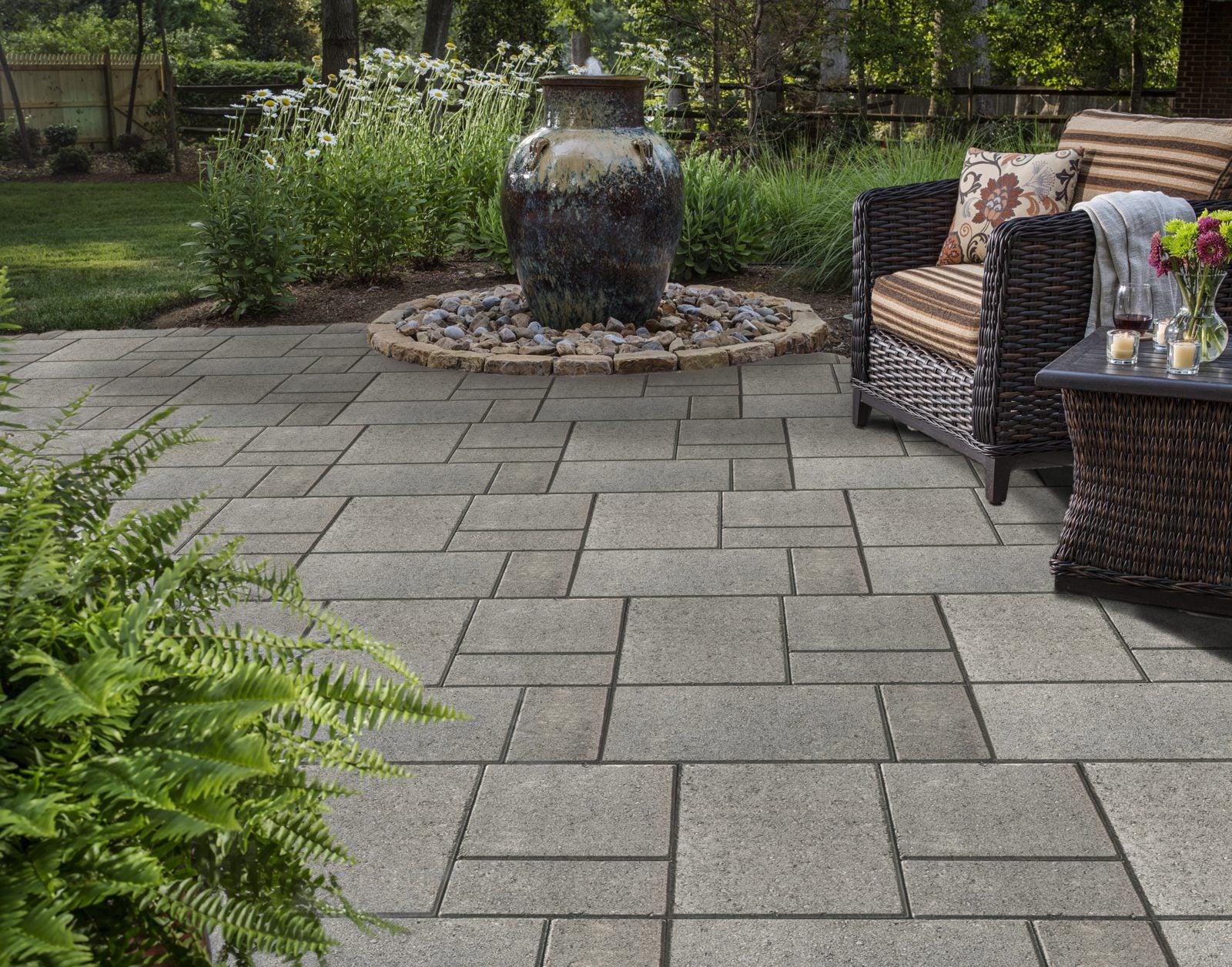 The modular three-piece Trinity™ Paver system boasts clean, modern lines and a smooth surface.