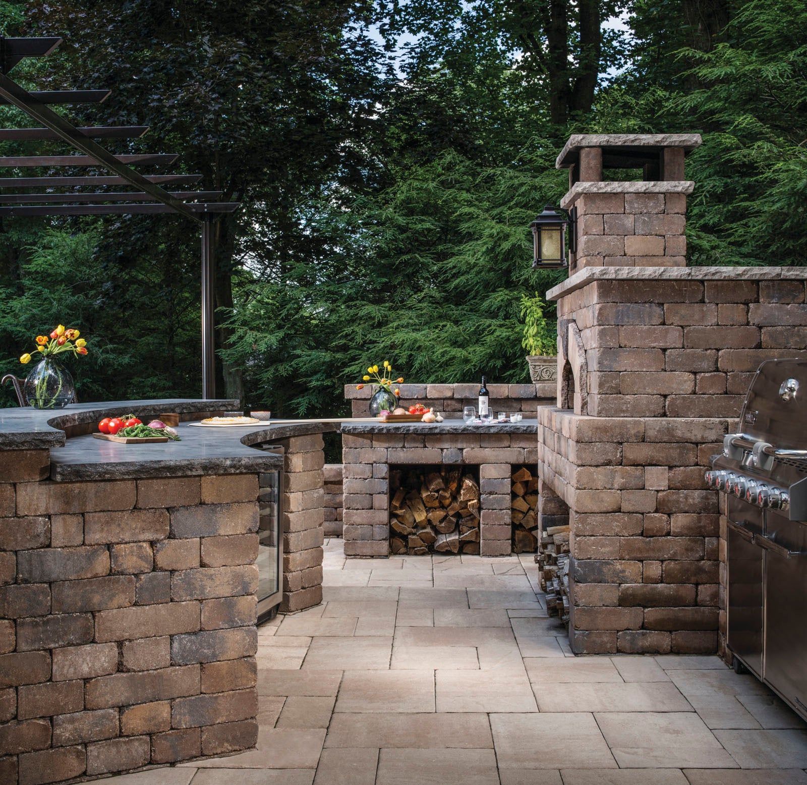 Weston Wall outdoor kitchen with pizza oven and wine cooler