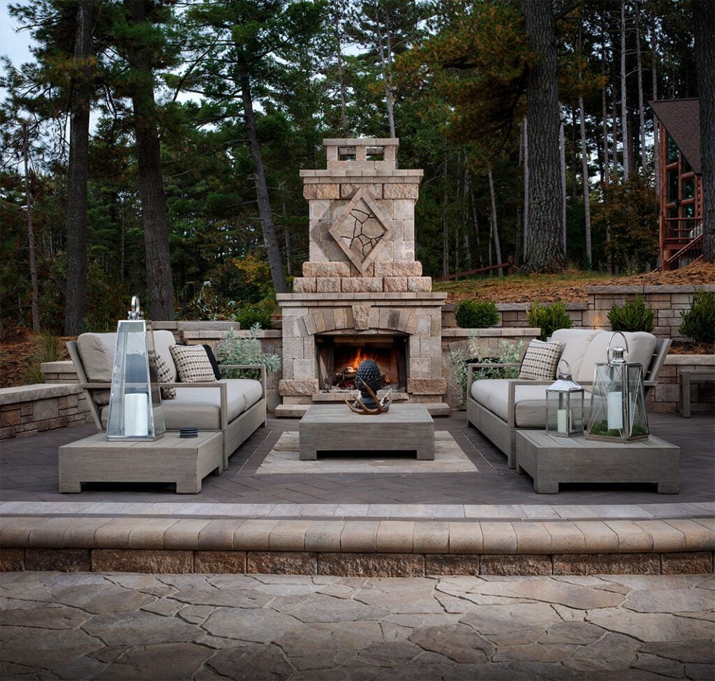 outdoor fireplace and patio