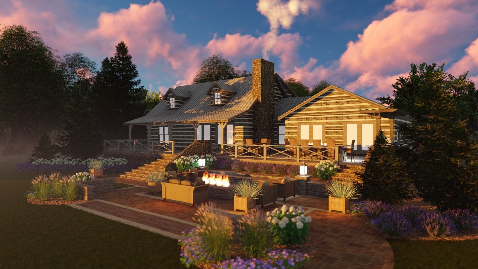 Evening view outdoor living space rendering