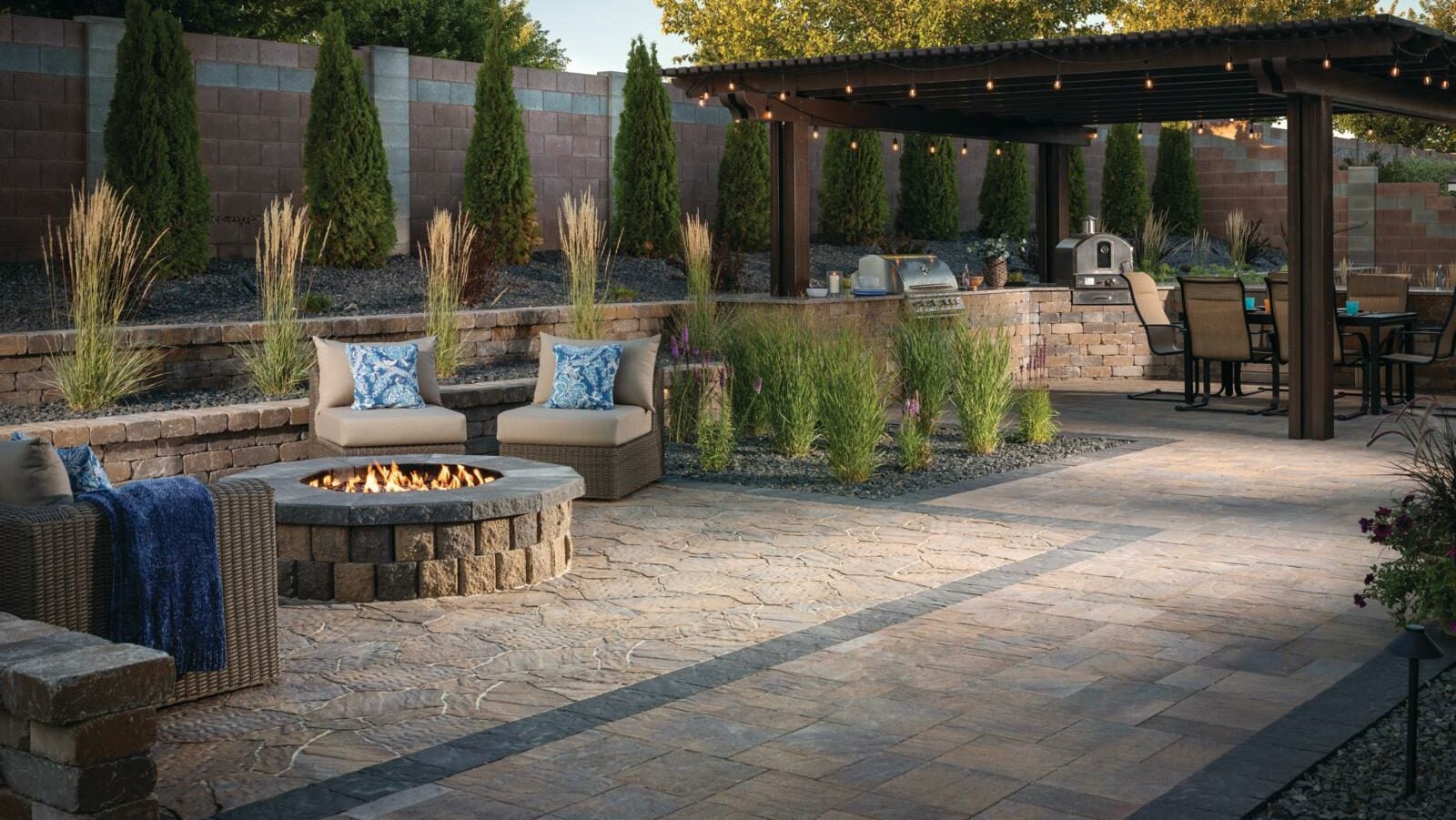 large patios with interlocking Avalon Slate® concrete blocks