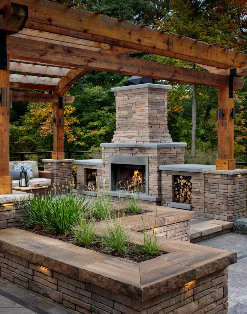 outdoor fireplace with stone design