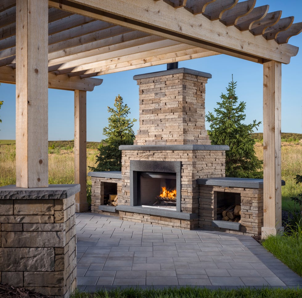 outdoor fireplace under structure pergola