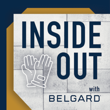Inside Out with Belgard podcast text on a blue and gold background with a pair of two gloves outlined next to the text
