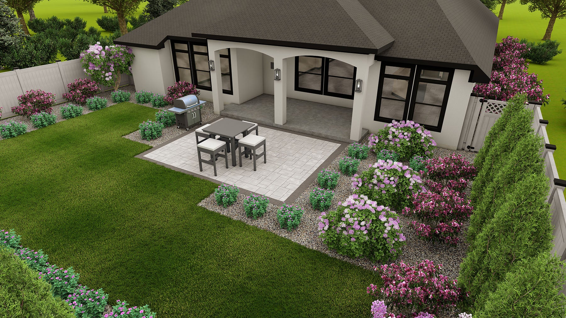 Image features Belgard Backyard + Package 1, Dimensions™ Pavers for a modern patio.