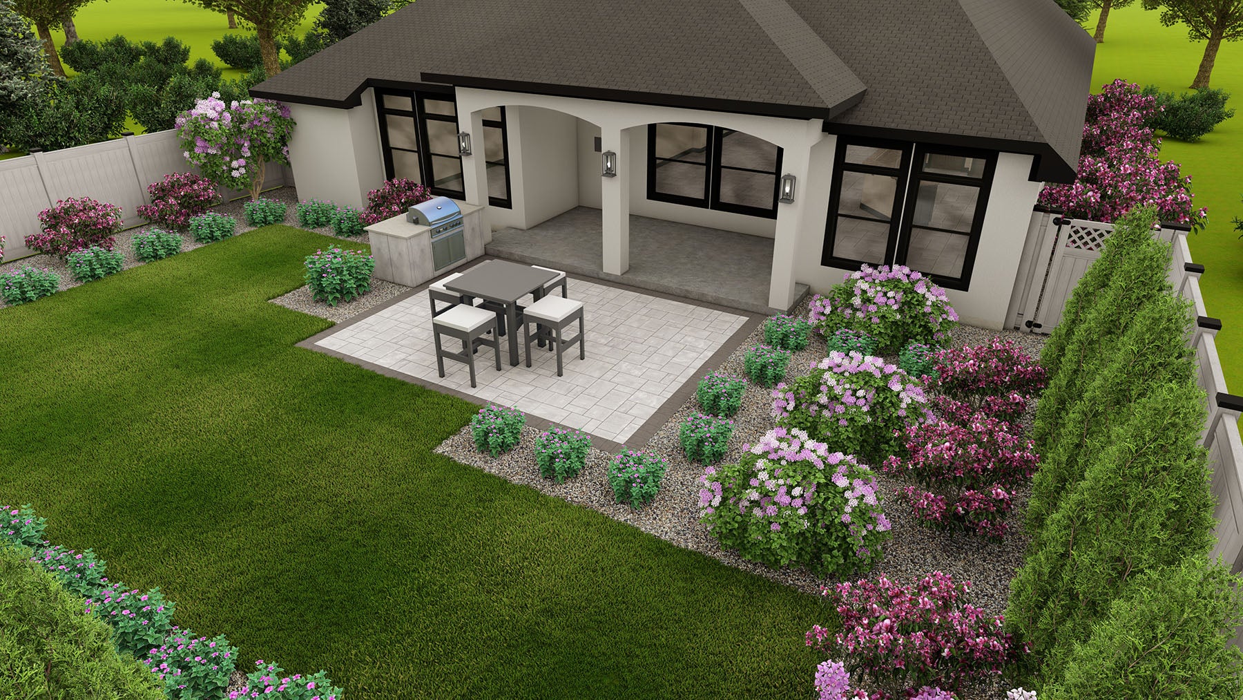 Image features Belgard Backyard + Package 2, Dimensions™, includes patio with built-in grill.