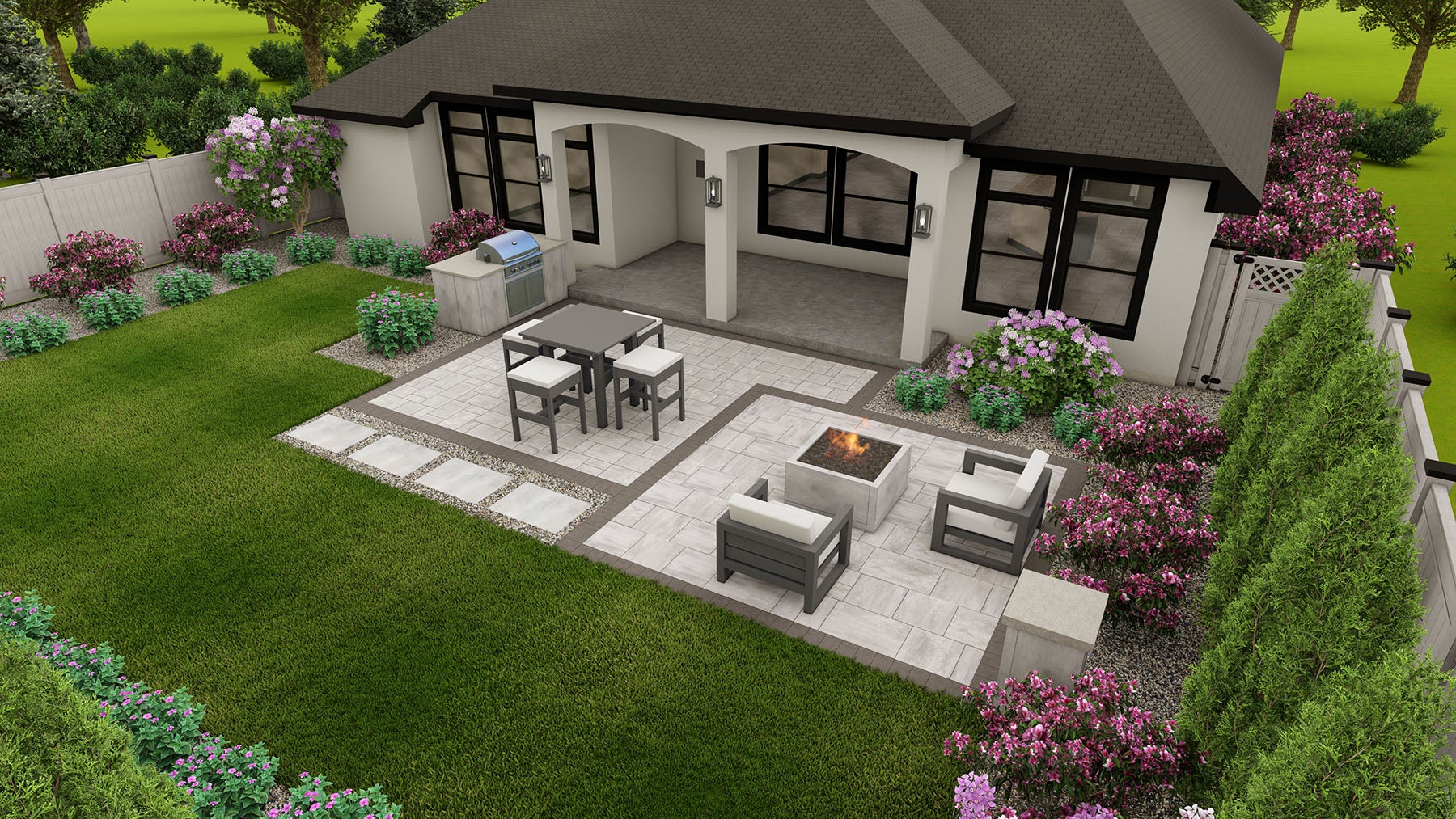 Image features Belgard Backyard + Package 3, Dimensions™, Patio with built-in fire pit and built-in grill.