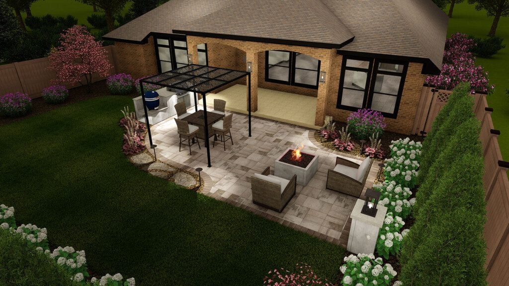 Origins™ Patio, built-in grill, Kamado, built-in fire pit, pergola, patio lighting