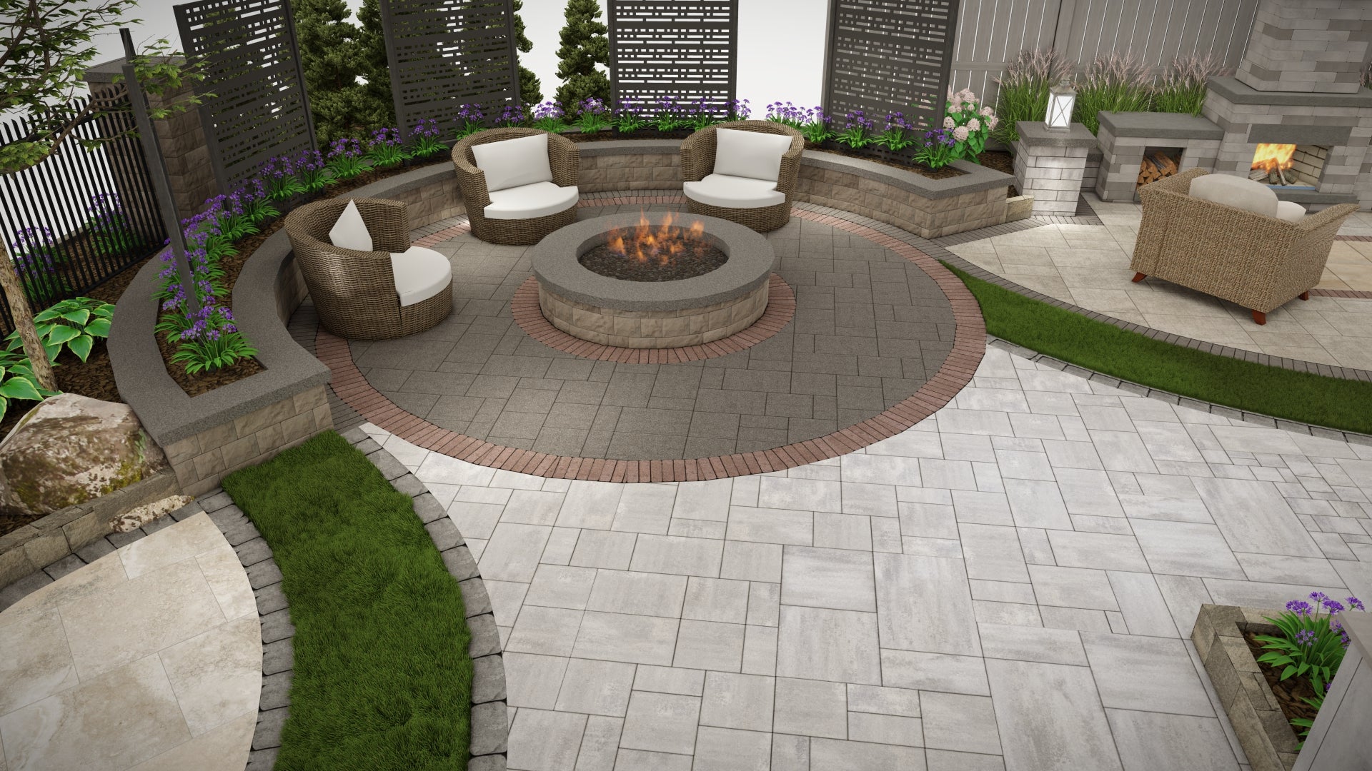 Fire Pit Area, including EP Henry® Cast Stone Wall Round Fire Pit Kit.
