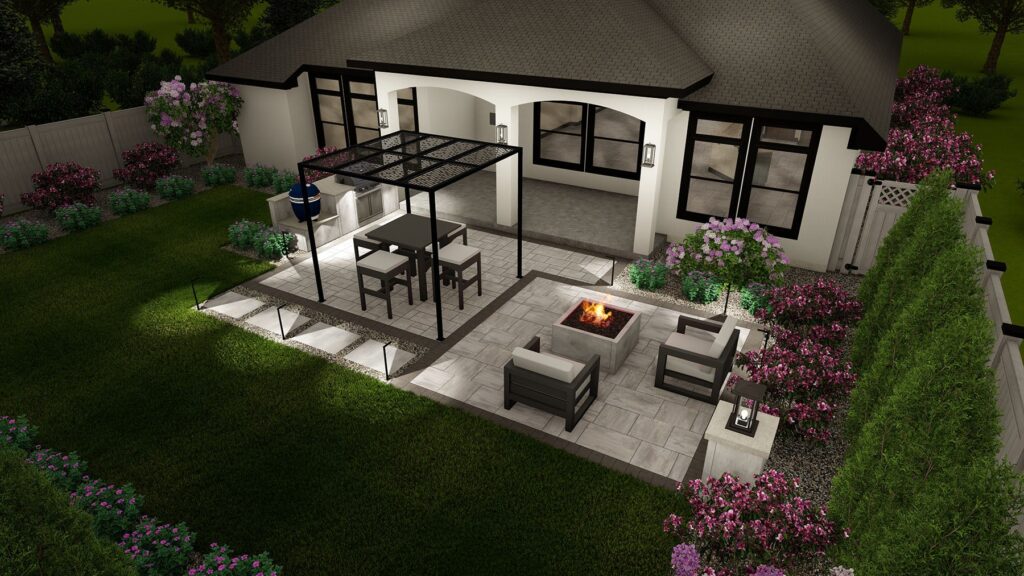 L’image présente un patio Dimensions™, une pergola, un éclairage de patio, un barbecue intégré, un foyer intégré et un Kamado/fumoir.