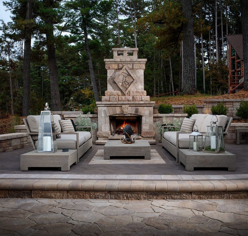 outdoor fireplace and patio